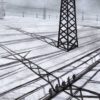 Auszug aus einem Animationsfilm in schwarz/weiß, Strommasten