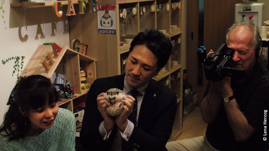 Bei den Dreharbeiten: Japanischer Mann mit Igel in der Hand neben einer japanischen Frau in einem Raum mit vielen Dekoelementen. Sie werden gefilmt. (© Lena Herzog)
